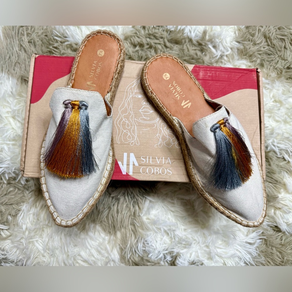 Silvia Cobos Cream Espadrille Mules with Tassels